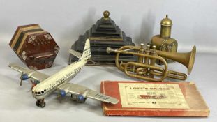 ASSORTED COLLECTABLES, Barratt brass trumpet, vintage concertina, Western German tin plate Pan Am '