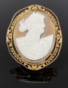 A LARGE OVAL CAMEO PORTRAIT BROOCH in pierced 9ct gold mount, 50 x 45mms, approx 11.8gms Provenance: