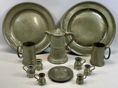 ASSORTED ANTIQUE PEWTER ITEMS including two circular chargers with London touch marks, 40cms (