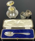 ASSORTED SMALL SILVER COLLECTABLES comprising Elizabeth II Capstan inkwell having hinged cover,