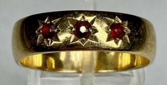 9CT GOLD RING set with three small rubies, size U, 4.8gms Provenance: deceased estate Conwy