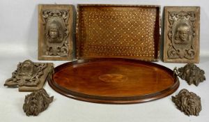 EDWARDIAN INLAID OVAL MAHOGANY TEA TRAY with gilded brass handled, raised gallery rim, 63 x 42cms,