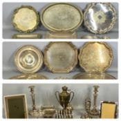 ASSORTED PLATED ITEMS including salvers, trays, candlesticks, jugs, picture frames etc. contained