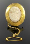 VICTORIAN CAMEO PORTRAIT BROOCH in 9ct gold mount, 30 x 27mms, having a safety chain, 7.4gms