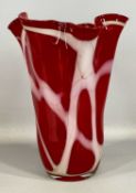 LARGE ITALIAN RED GLASS STUDIO VASE with white marbling to body and 'handkerchief' rim, 32.5cms (