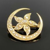 GOLD CRESCENT & FLOWER BROOCH set with split seed pearls, marked '14k', 2.5gms Provenance: private