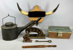 ASSORTED COLLECTABLES including pair of cow horns mounted on oak shield, 61cms span, steel railway