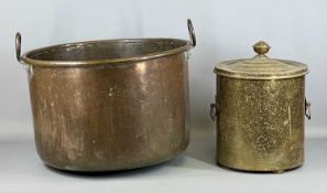 LARGE CIRCULAR ANTIQUE COPPER LOG BIN with riveted side handles, 37cms (h), 52cms (diam.) and