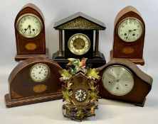 ASSORTED CLOCKS including Edwardian inlaid mahogany mantel clock, 30cms (h), similar inlaid oak