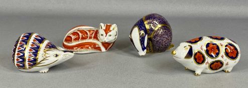 FOUR ROYAL CROWN DERBY PAPERWEIGHTS, 'Badger', 'Pig', 'Hedgehog' and 'Red Fox' with gold stoppers