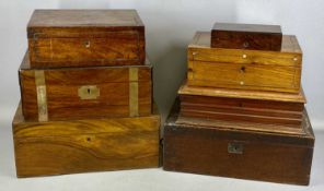 ASSORTMENT OF WOODEN BOXES, Victorian and later, including brass bound walnut stationary box,