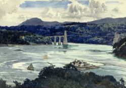 NORMAN WILKINSON (British 1878 - 1971) watercolour - titled 'Menai Straights (sic) from Tubular
