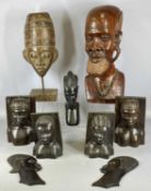 ASSORTED AFRICAN CARVED WOOD ORNAMENTS including a Zimbabwean ironwood bust of a man, 47cms (h), two