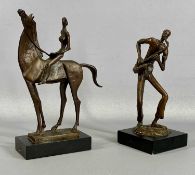 TWO CONTEMPORARY BRONZE SCULPTURES, saxophonist, 25cms (h) and horse rider, 27cms (h) Provenance: