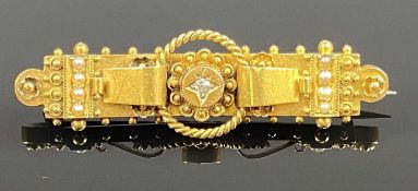 VICTORIAN 15CT GOLD BAR BROOCH set with small central Sapphire, Chester hallmark, 45mm (l), 4.5gms