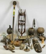 ASSORTED ETHNIC WOOD COLLECTABLES including porcupine quill box inlaid with bone, 21cms (w), three