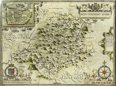 JOHN SPEED (1665) HAND COLOURED & ENGRAVED MAP OF MONTGOMERYSHIRE with inset town plan of