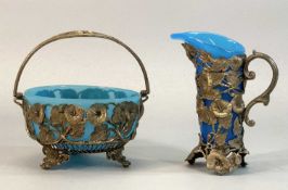 VICTORIAN BLUE OPALINE GLASS CREAM JUG & SUGAR BASIN having naturalistic plant entwined bronzed