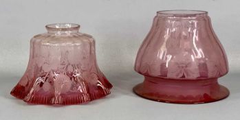 TWO PINK & CLEAR GLASS OIL LAMP SHADES, one with crimped rim and floral etched decoration, 13cms (
