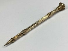 A VICTORIAN YELLOW METAL COMBINATION PROPELLING PEN & PENCIL having twin slides and grey agate