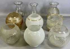 NINE VARIOUS GLASS OIL LAMP SHADES, some with etched decoration Provenance: private collection