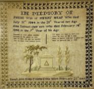 VICTORIAN WOOLWORK SAMPLER 'In Memory of Phebe, Wife of Henry Heap who died July 31st, 1844 in the