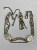 SILVER 'ALBERTINA' WATCH CHAIN, ornate double strand having T bar, tassel end and swivel clip, 29cms