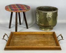 MIXED ITEMS including brass two-handled coal bin, embossed with crest, lion mask ring handles, 28cms