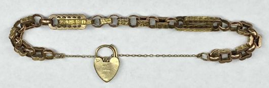BELIEVED 9CT GOLD FANCY LINK BRACELET, 9ct gold heart shaped locket, safety chain, 12.3gms