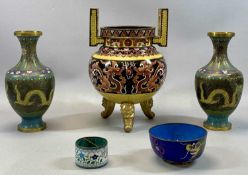 CHINESE CLOISONNÉ TWO-HANDLED CENSER standing on three gilded mask head supports, body decorated