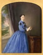 UNKNOWN (British 19th/20th century) watercolour – ¾ length portrait of lady in blue dress,