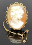 OVAL CAMEO PORTRAIT BROOCH in pierced 9ct gold mount having safety chain, 30 x 22mm Provenance: