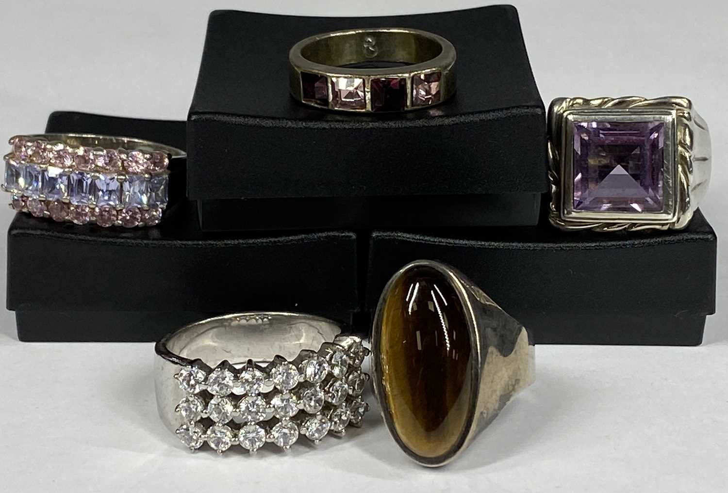 COLLECTION OF STONE SET SILVER RINGS including amethyst, Tiger's Eye and CZ Provenance: private - Image 2 of 3