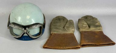 VINTAGE MOTORCYCLISTS HELMET, duck egg blue with leather lining, goggles and leather gauntlets
