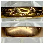 TWO 9CT GOLD WEDDING BANDS, one engraved with leaves, sizes O & L, 3.3gms (gross) Provenance: