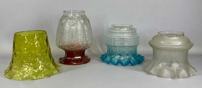FOUR GLASS OIL LAMP SHADES, green dimpled with wavy rim, 16cms (diam.), blue and clear with