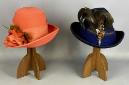 TWO VINTAGE HATS, in Harrods and Pontings cardboard boxes, with a pair of wooden hat/wig stands