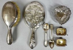 ASSORTED SILVERWARE including silver backed hand brush and mirror, pair of open salts with spoons,