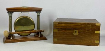 EDWARDIAN OAK TABLE-TOP GONG with plated mounts and with striker, 25cms (h) and a Victorian walnut
