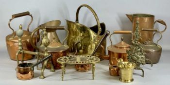 BRASS & COPPER FIRESIDE ACCESSORIES & OTHER ITEMS including brass coal scuttle, five circular copper