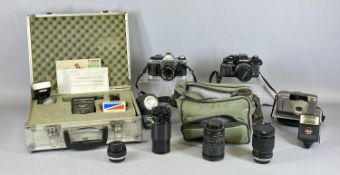 ASSORTED CAMERAS AND ACCESSORIES including Olympus OM40 SLR, Canon AE-1 SLR, various lenses,