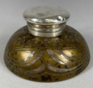 ART NOUVEAU TIFFANY STYLE CIRCULAR IRIDESCENT GLASS INKWELL, the white metal hinged cover marked