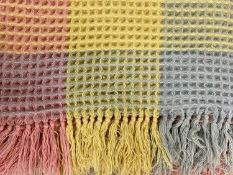 WELSH WAFFLE BLANKET, fringed and double sided, pastel hues of blue, yellow and pink, approx. 200
