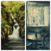 UNKNOWN 20TH CENTURY oil on board - waterfall entitled verso 'Pwll Morwyn', unsigned, 84.5 x 54cms