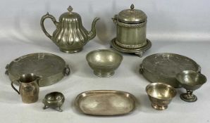 ASSORTED ANTIQUE PEWTER including two circular two-handled warmer plates, with London touchmarks,