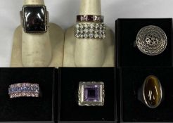 COLLECTION OF STONE SET SILVER RINGS including amethyst, Tiger's Eye and CZ Provenance: private