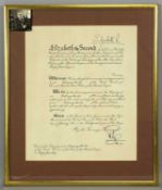MBE CERTIFICATE OF APPOINTMENT TO HUGH JONES ESQ signed by Elizabeth II, within frame, 50 x 42cms