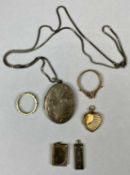 MIXED JEWELLERY, possibly white gold ring set with blue stones, 9ct gold heart shaped locket, 3.