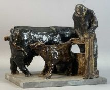 MYFANWY KITCHIN STUDIO CERAMIC SCULPTURE, farmer, cow and calf, label on base 'Farmer with Cattle,