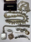 ASSORTED SILVER JEWELLERY including necklaces, seed pearl bar brooch, set of four buttons, horseshoe